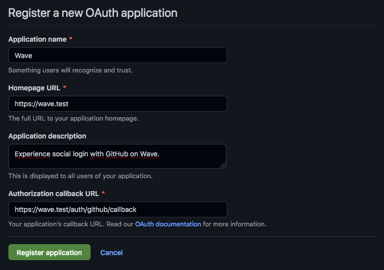 Screenhot of GitHub's register a new OAuth application page