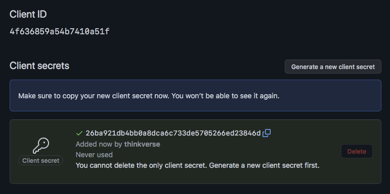 Screenshot of generating a client secret key