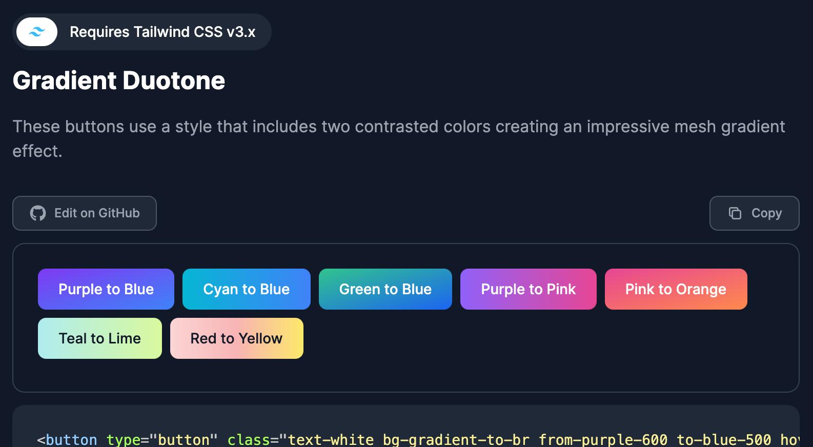 Tailwind CSS buttons collection including gradients and colored shadows