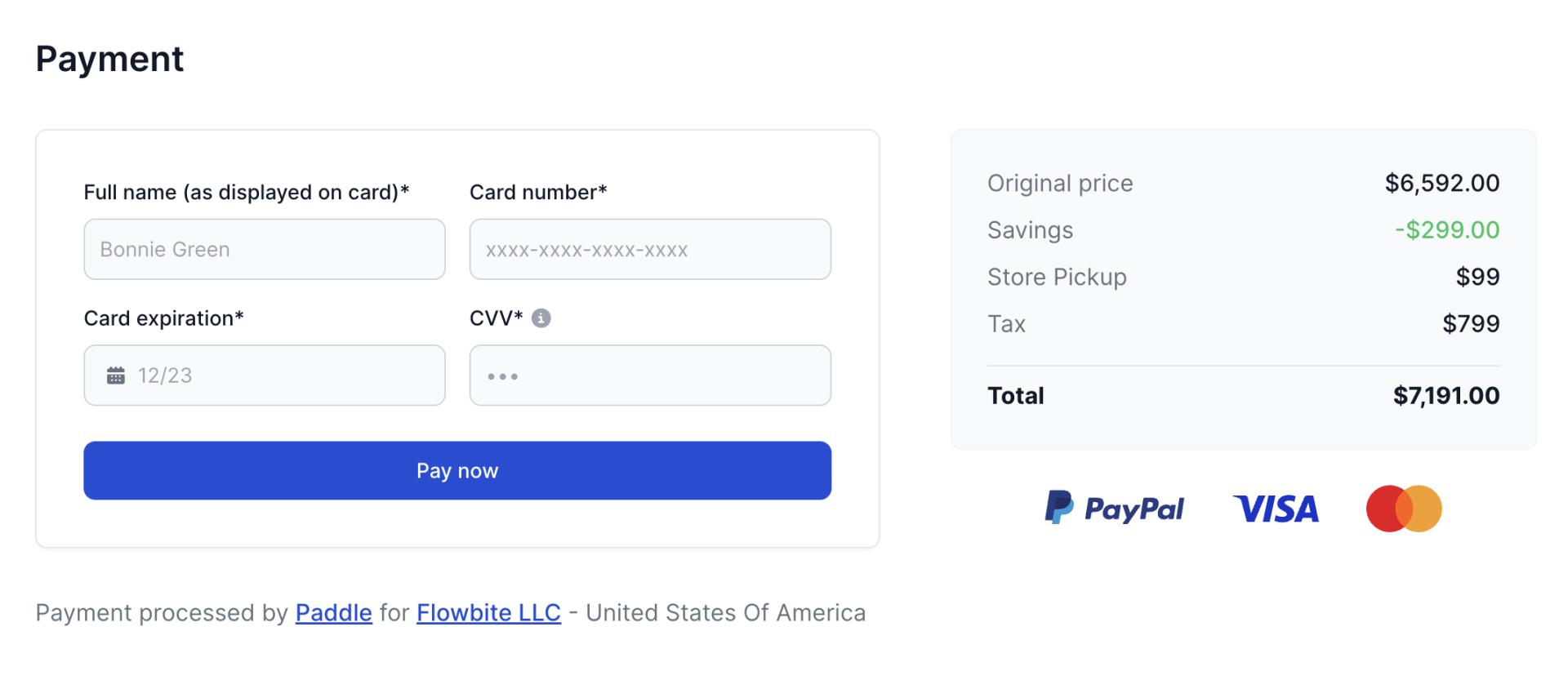 Payment form components coded with Tailwind CSS and Flowbite