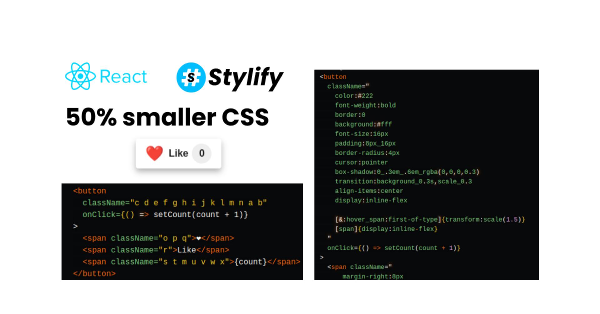 Simple React like button with Stylify CSS. From Utilities to Components, mangled selectors, and 50% smaller production build.