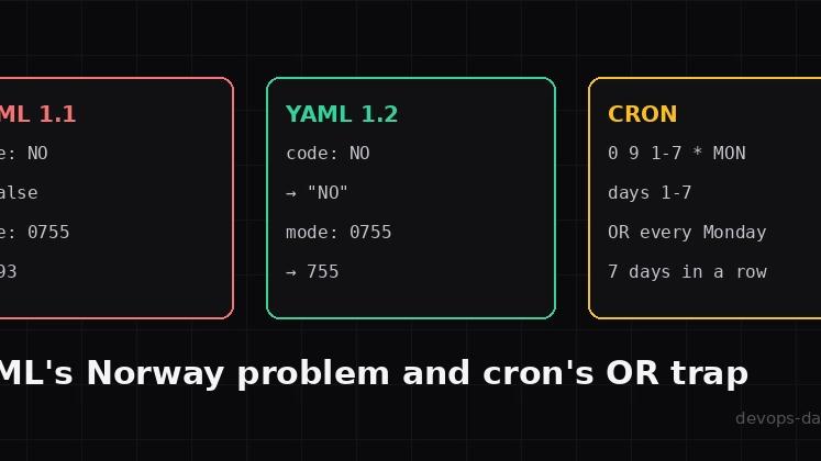 The YAML Norway problem and cron's day-of-month trap: two config formats that lie to you